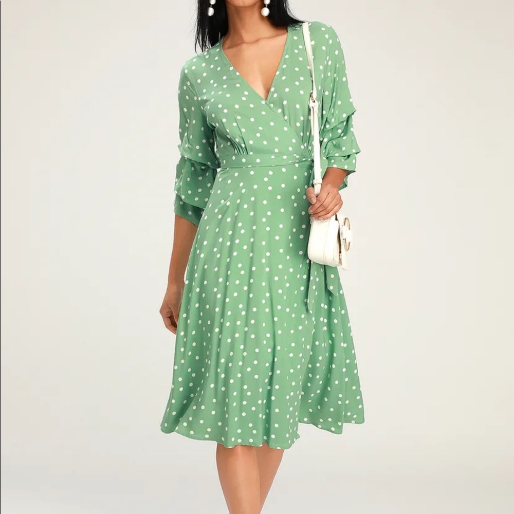 LuLus Sage Green & White Polka Dot Midi Dress
